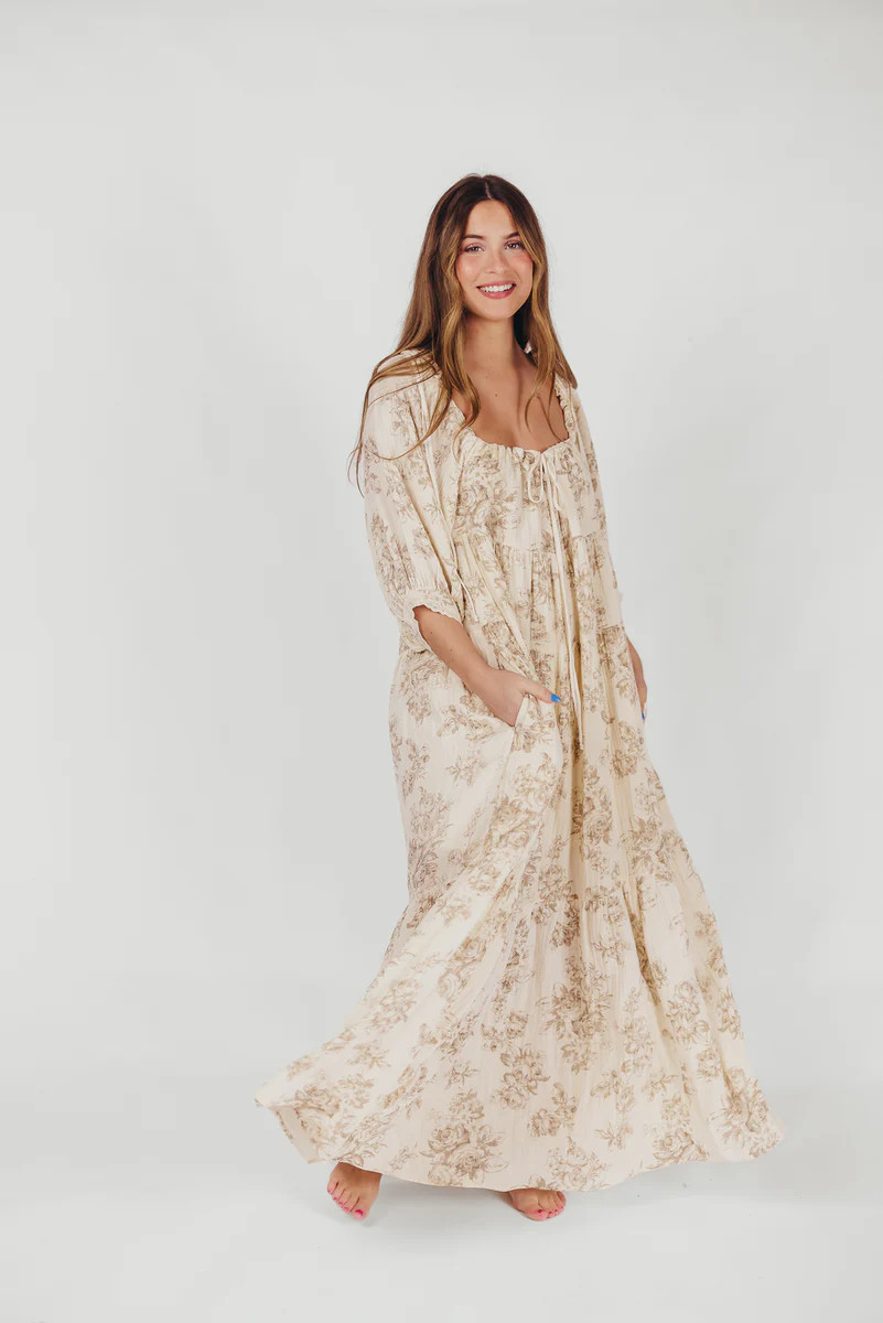 Cara 100% Cotton Maxi Dress in Brown Floral | Worth Collective