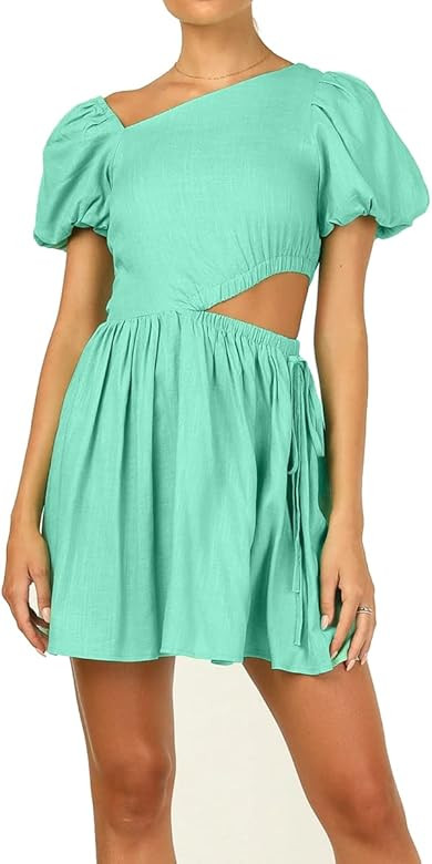 AEL Women's Square Neck Cut Out Mini Dress Short Puff Sleeve Summer Casual Solid Swing Flared Sun... | Amazon (US)