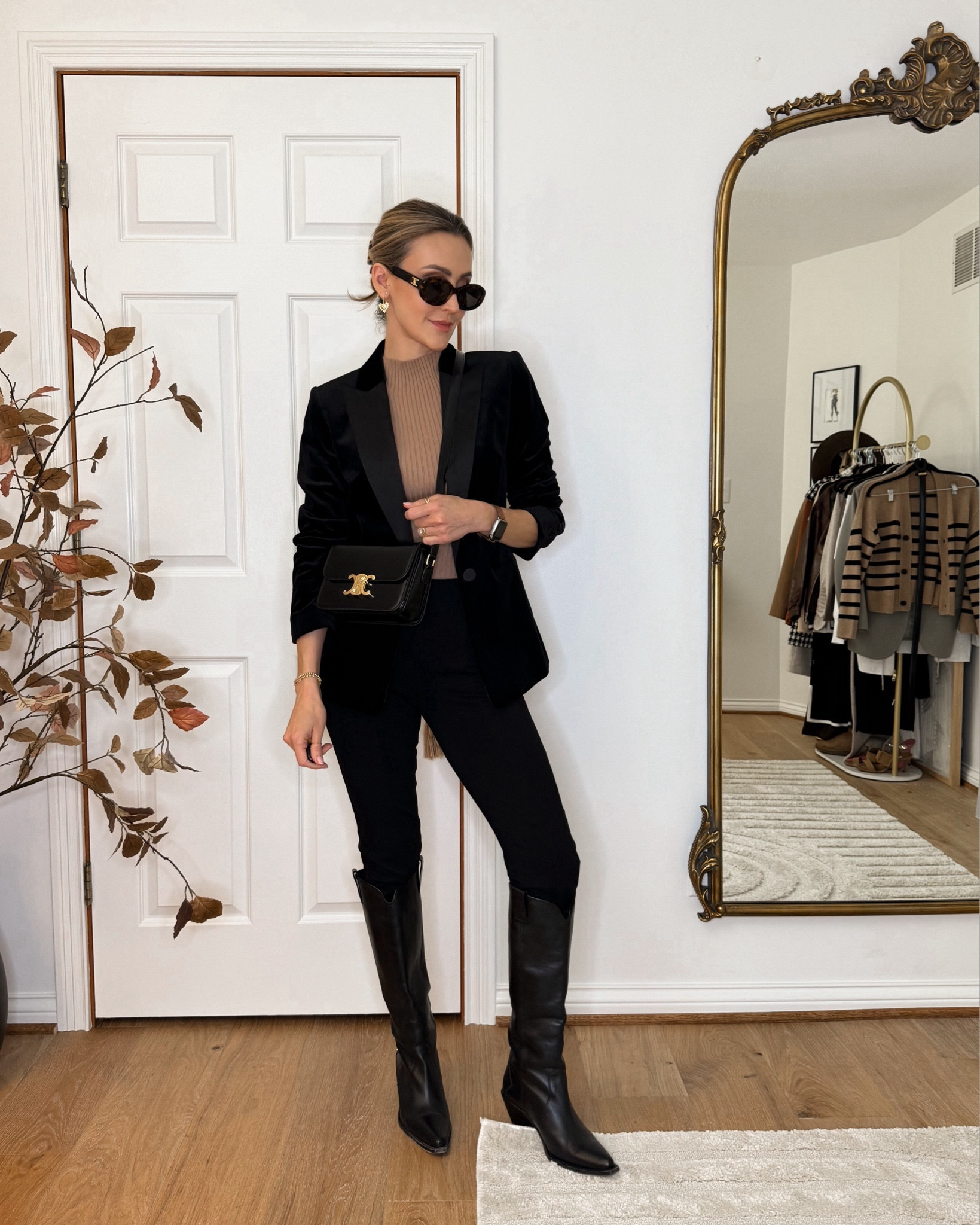 Black leggings XS, tall western style boot simple w no stitching design, sleeveless rib knit sweater and velvet tuxedo blazer size 2. Fall and winter outfit 

#LTKworkwear #LTKshoecrush #LTKstyletip