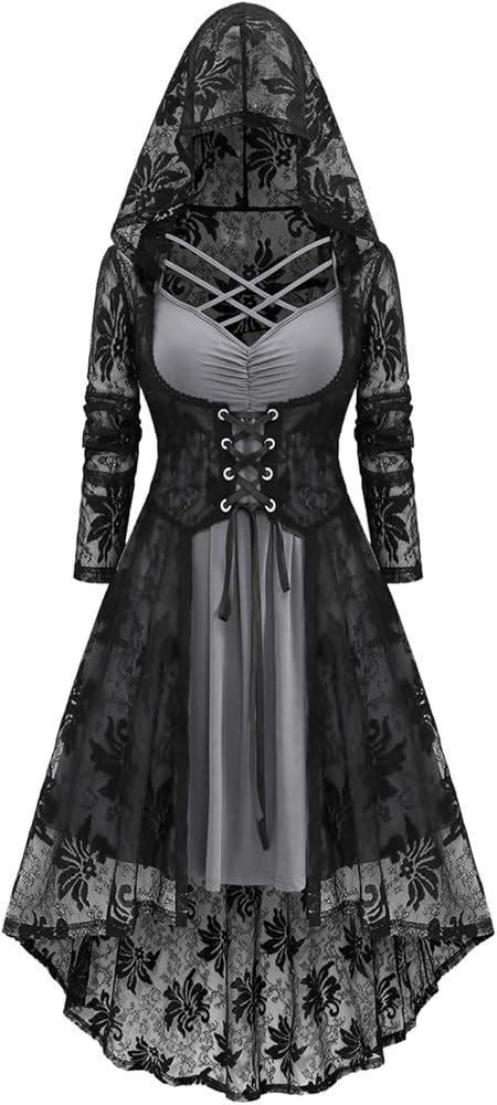ROSE GAL Womens Plus Size 2pcs Witch Halloween Costume Gothic Lace Hooded Dress | Amazon (US)