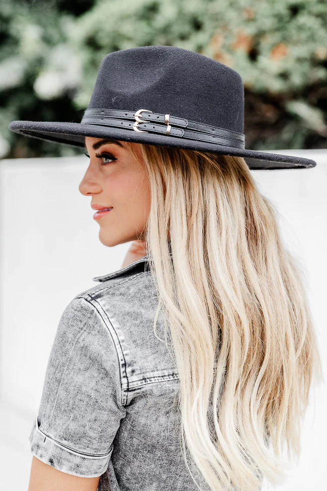 Down Memory Lane Black Double Belt Banded Fedora Hat FINAL SALE | Pink Lily