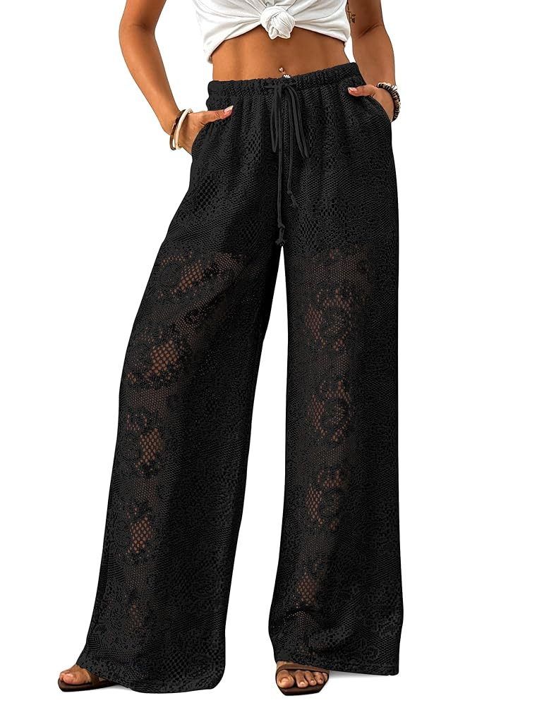 Bsubseach Women Crochet Beach Cover Up Pants Sheer Wide Leg Drawstring Summer Swimsuit Coverup Lo... | Amazon (US)