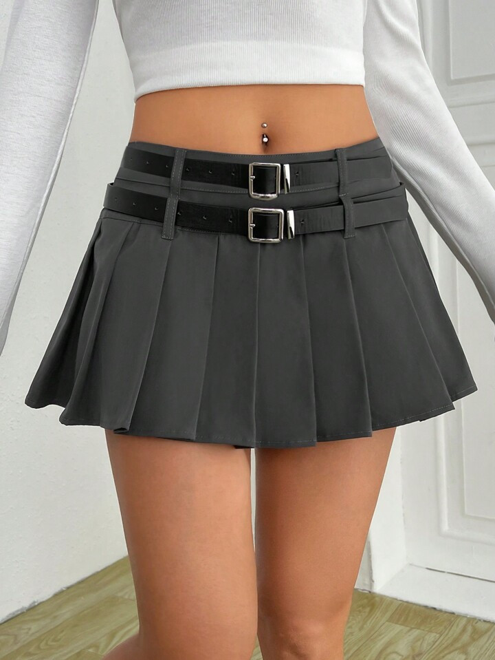 SHEIN EZwear Solid Pleated Double Belted Skirt | SHEIN