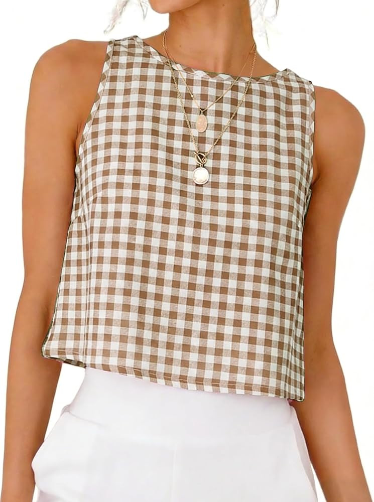 Kinghua Gingham Tank Tops for Women Spring Summer Casual Crop Cotton Sleeveless Shirts Blouses Y2... | Amazon (US)