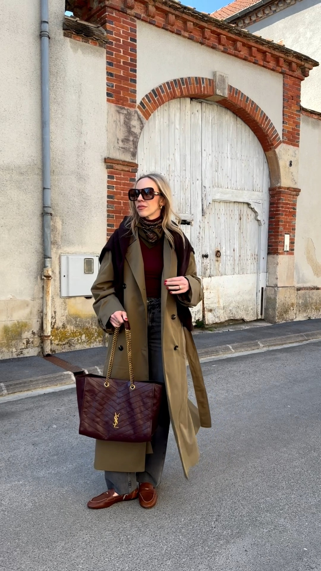 Travel outfit, European vacation style, spring outfit, olive green trench coat, gray jeans, burgundy tote bag, @Zara leather loafers 

#LTKOver40 #LTKSeasonal #LTKTravel