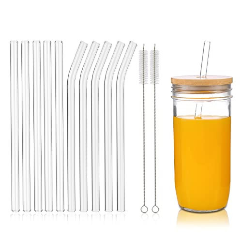 10 Pcs Reusable Clear Glass Straws,9''x10 mm Glass Straws Shatter Resistant for Smoothie,Milkshakes,Tea,Juice,Set of 5 Straight and 5 Bent with 2 Cleaning Brushes -Dishwasher Safe | Amazon (US)