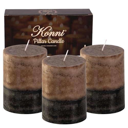 KONNI Coffee Layered Pillar Candles Set of 3, 3"x 4" Unscented Pillar Candles Bulk, 39 Hours Long Burning Candles, Smokeless&Dripless Round Candle for Wedding, Home Decoration, Parties, Spas, Dinner | Amazon (US)