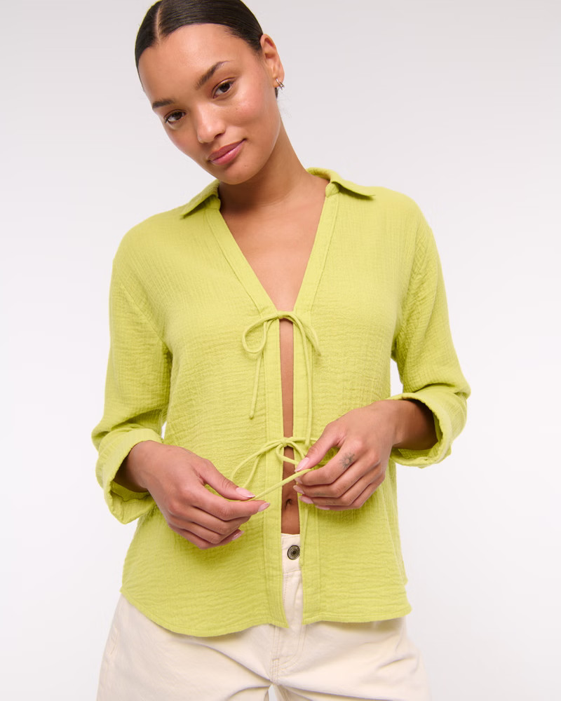 Long-Sleeve Oversized Tie-Front Gauzy Shirt | Abercrombie & Fitch (US)
