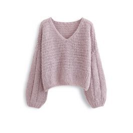 Fluffy Knit Hollow Out Crop Sweater in Dusty Pink | Chicwish