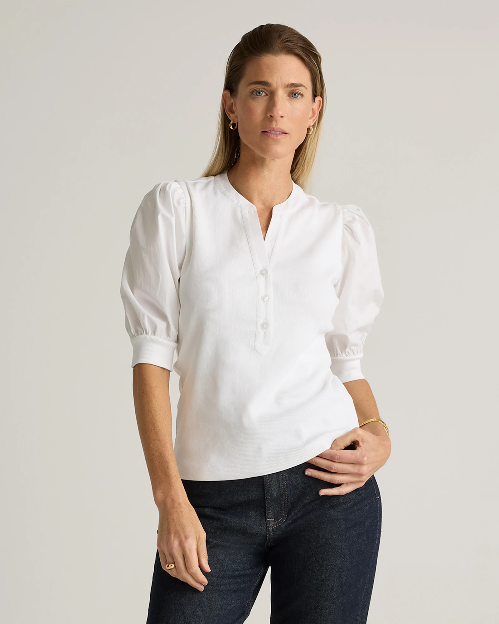 Quince | Women's Tencel Cotton Mixed Media Puff Sleeve Top in Black, Size Large | Quince