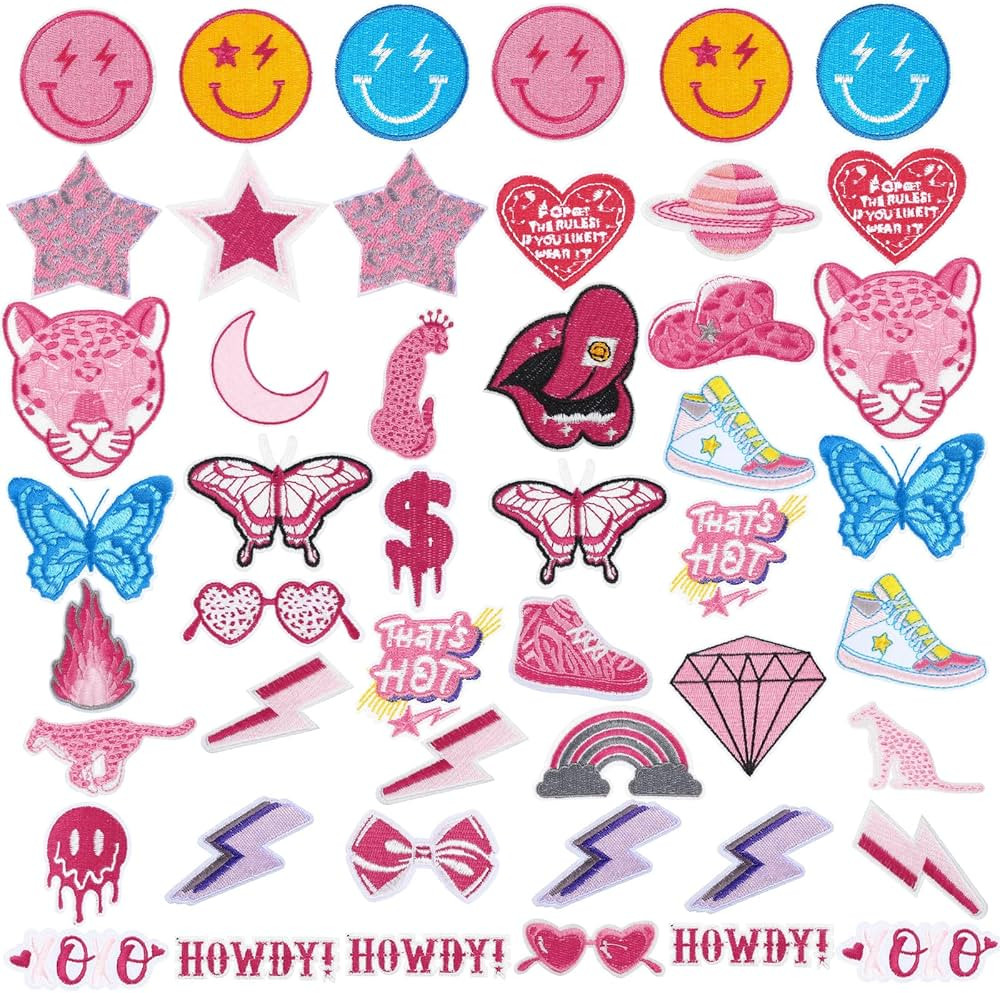 48 Pcs Pink Preppy Iron on Patches for Girls Cute Sew on Patches Y2k Applique Embroidered Repair ... | Amazon (US)