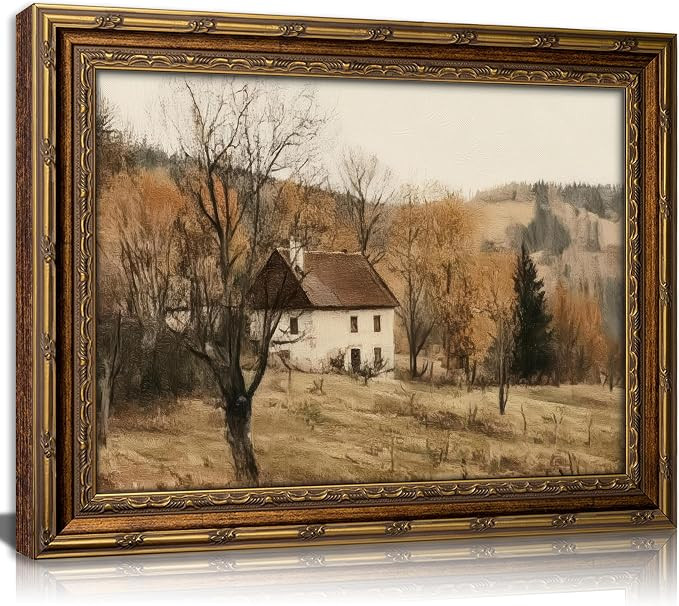Vintage Gold Framed Autumn Country Cottage Wall Art ，Rustic Farmhouse Landscape Canvas Prints, ... | Amazon (US)