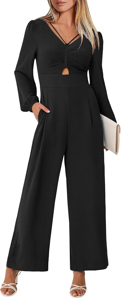 ANRABESS Womens Jumpsuits Dressy Long Sleeve Wide Leg V Neck Pants Rompers 2026 Fall Formal One P... | Amazon (US)