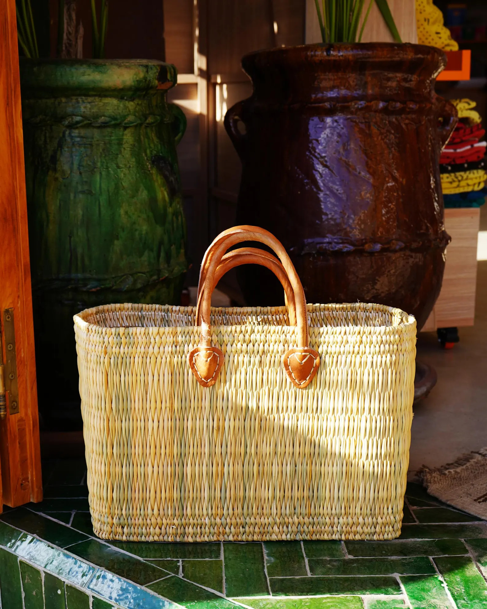 SUMMER SALE Moroccan Luxury Handmade Seagrass Basket, Leather Handles, Sustainable Natural, Flat ... | Etsy (Global)
