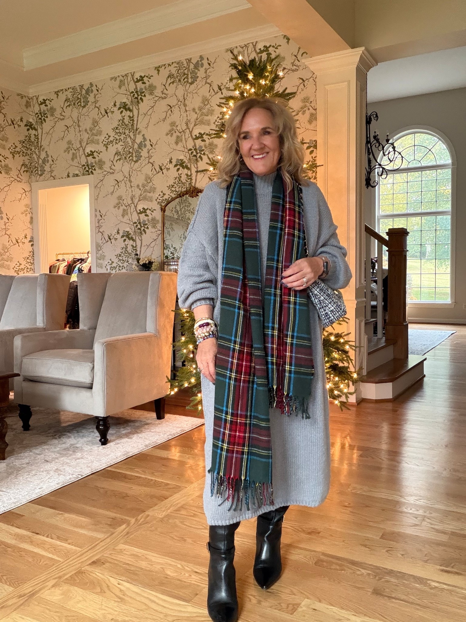 Dress runs really big. Wearing a small 
Amazon sweater dress 
Plaid scarf 
Tall boots 

#LTKFindsUnder50 #LTKOver40 #LTKHoliday