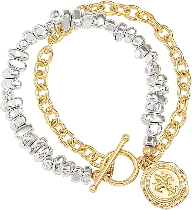 PEARLADA 18k Gold Chain Layerd Bracelet Coin Charm Toggle Bracelet Trendy Cubic Zirconia Jewelry | Amazon (US)