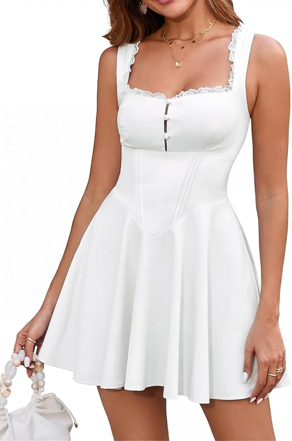 Women's Summer Graduation Mini Dress Square Neck Lace Ruffle Flowy A Line Corset Buttons Short Pa... | Amazon (US)