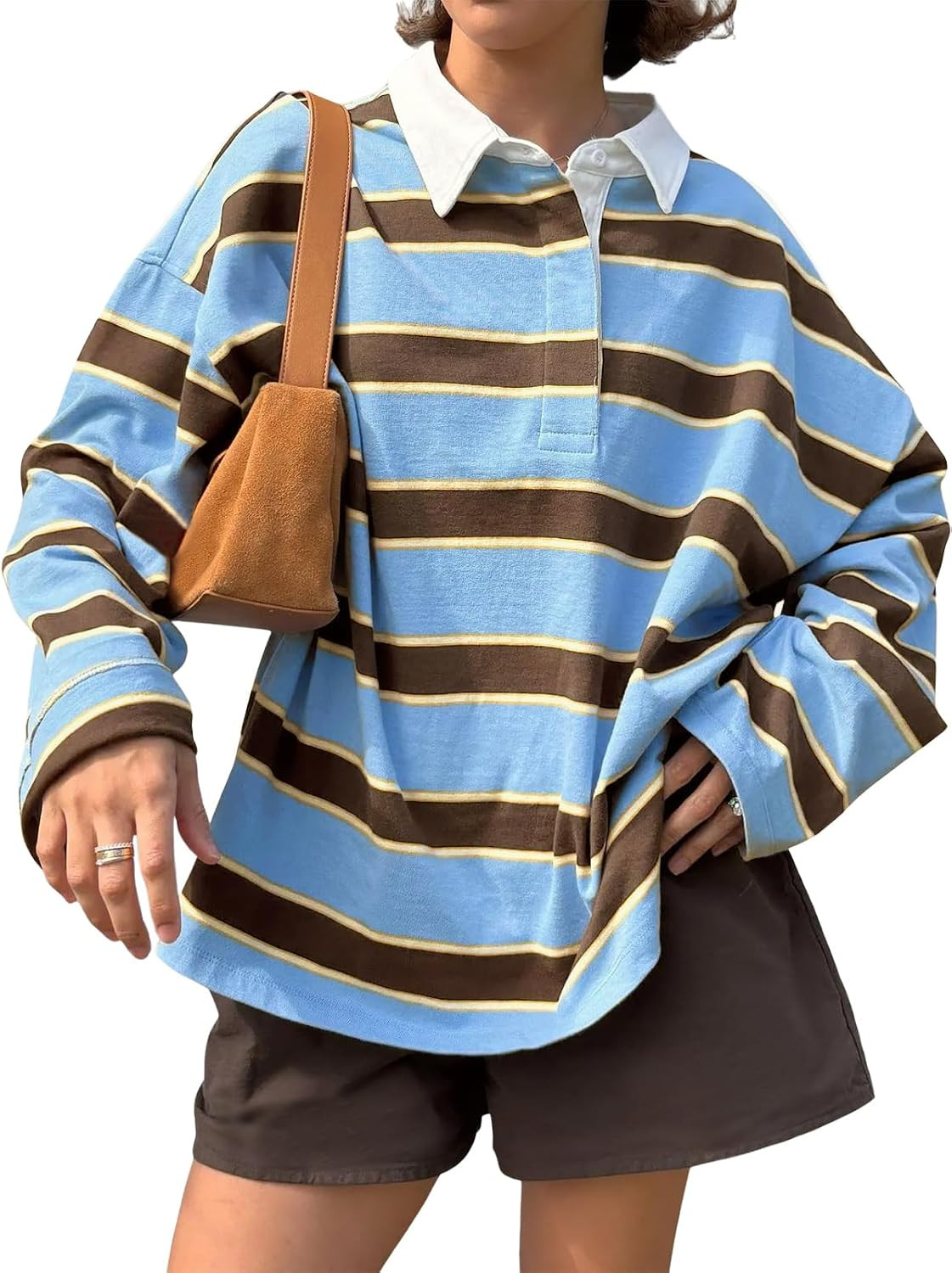 Tankaneo Womens Oversized Striped Long Sleeve Polo Shirts Fall Tops 2026 | Amazon (US)