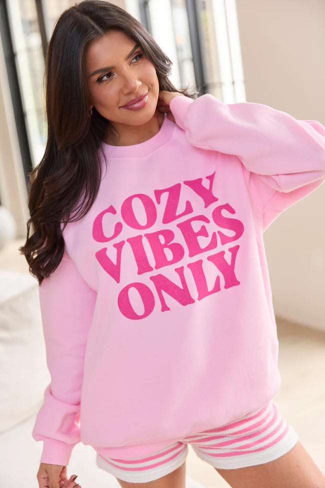 Cozy Vibes Only Light Pink Graphic Sweatshirt SALE | Pink Lily