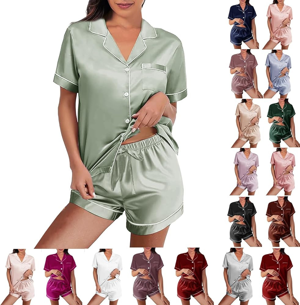 Womens Silk Satin Pajamas Loungewear Two-Piece Sleepwear Button-Down Floral Pj Set XS-4XL | Amazon (US)