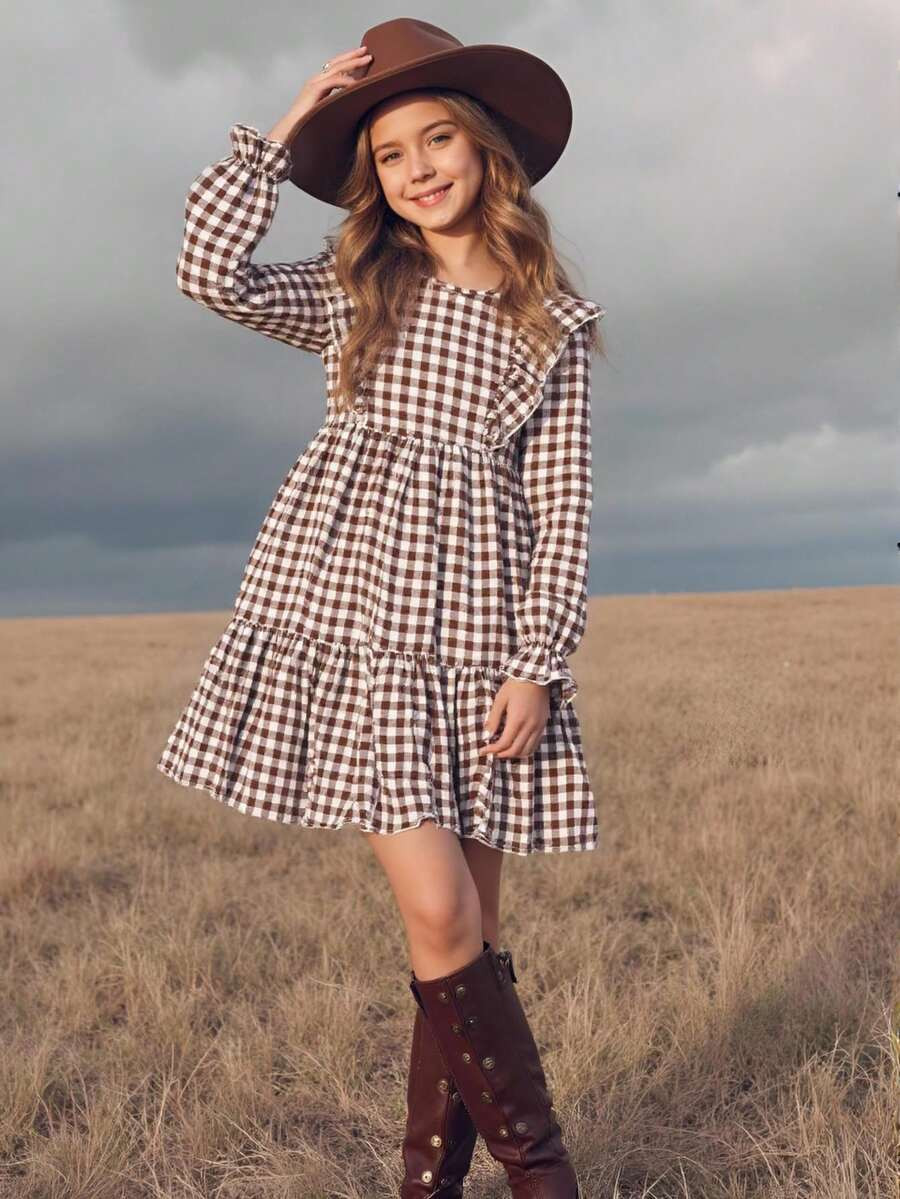 Emery Rose Kids Emery Rose Kids Tween Girl Plaid Corduroy Frenchy Dress,Brown And White Vintage A... | SHEIN