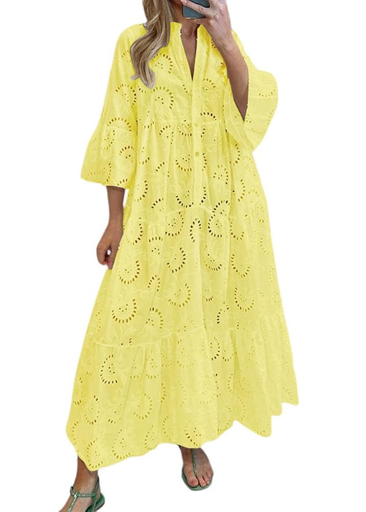 chouyatou Women's 2025 Lace Eyelet Embroidery Maxi Dress V-Neck Trumpet Sleeve Boho Flowy Swing D... | Amazon (US)