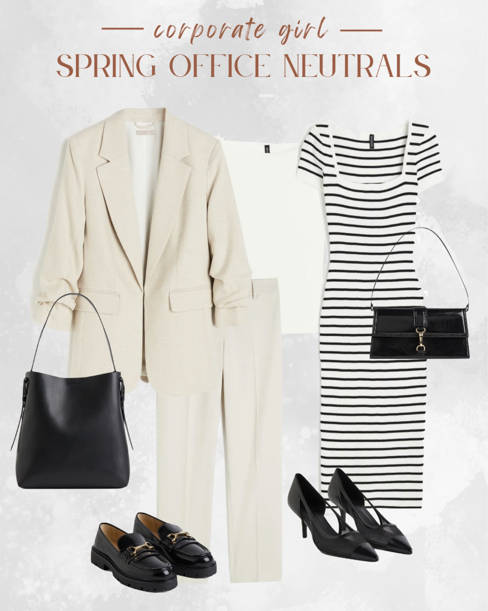 Corporate wardrobe spring essentials! Amp up your style with a cream gathered-sleeve blazer, cream dress pants, and a crisp white top for a professional look. Complete with a versatile black bucket bag or a chic shoulder bag under $50. For a casual Friday vibe, opt for a knit midi striped dress that effortlessly transitions from an business casual office outfit to work happy hour outfit. And don't forget to add a touch of luxury with a Gucci loafer dupe under $100! #HMNewArrivals #CorporateFashion #SpringStyle

#LTKworkwear #LTKfindsunder50 #LTKstyletip