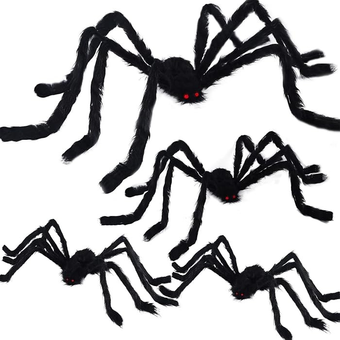 yosager 4Pcs Realistic Giant Spiders Outdoor Halloween Decorations, Huge Hairy Scary Halloween Spider Prop, Black Spooky Spider for Indoor House Outdoor Window Yard Patio Decor (24" 24" 36" 60") | Amazon (US)