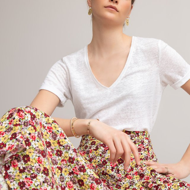 Linen V-Neck T-Shirt | La Redoute (UK)