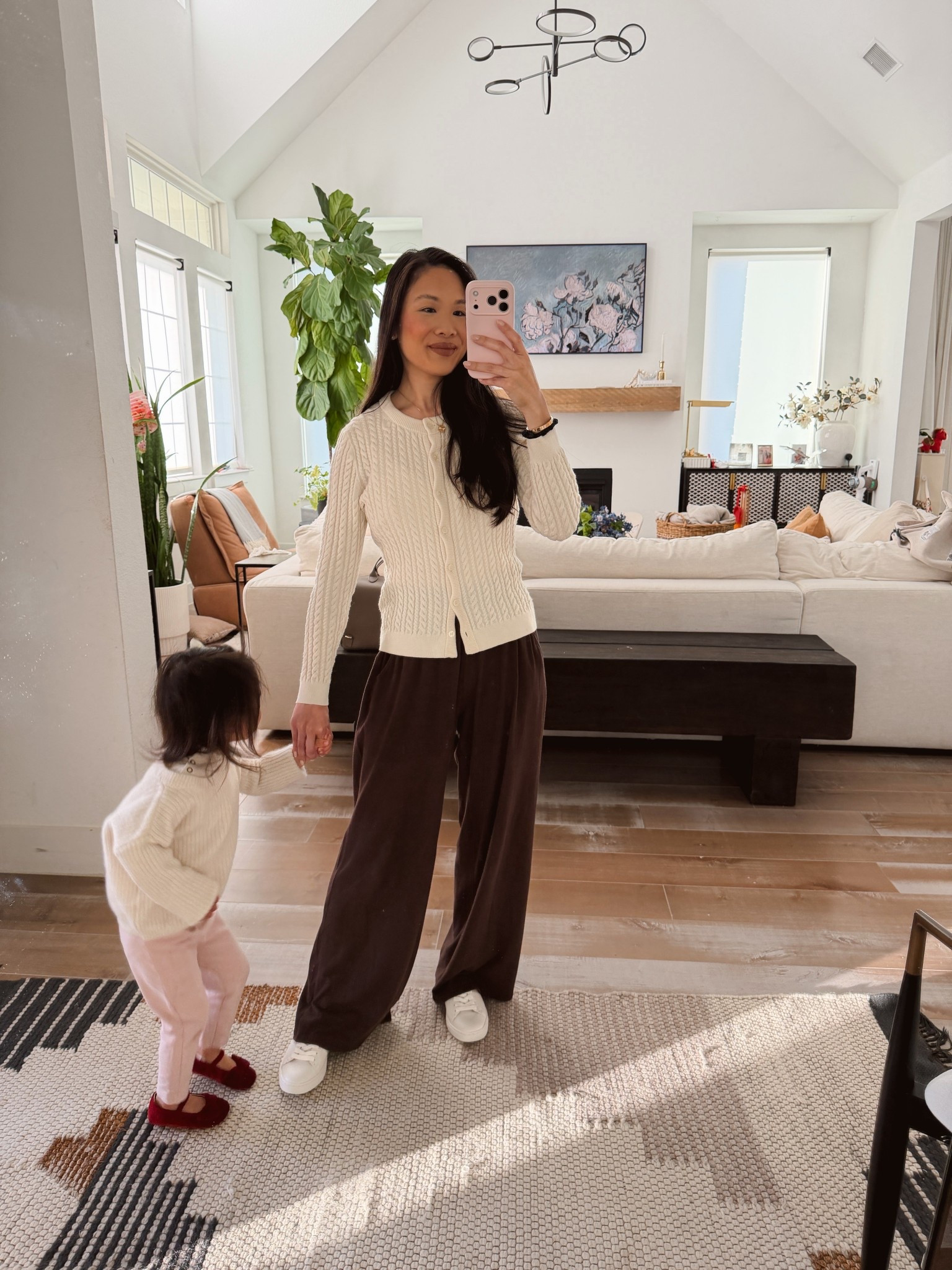 Cozy outfit for this chilly spring day! Fleece lined leggings and cotton sweater for Em. I’m wearing merino wool cardigan and comfy pants! 

#LTKmomlife #LTKootd #LTKSeasonal