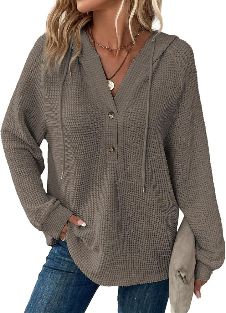 Dokotoo Hoodies for Women Waffle Knit Drawstring Button V Neck Long Sleeve Casual Pullover Sweats... | Amazon (US)