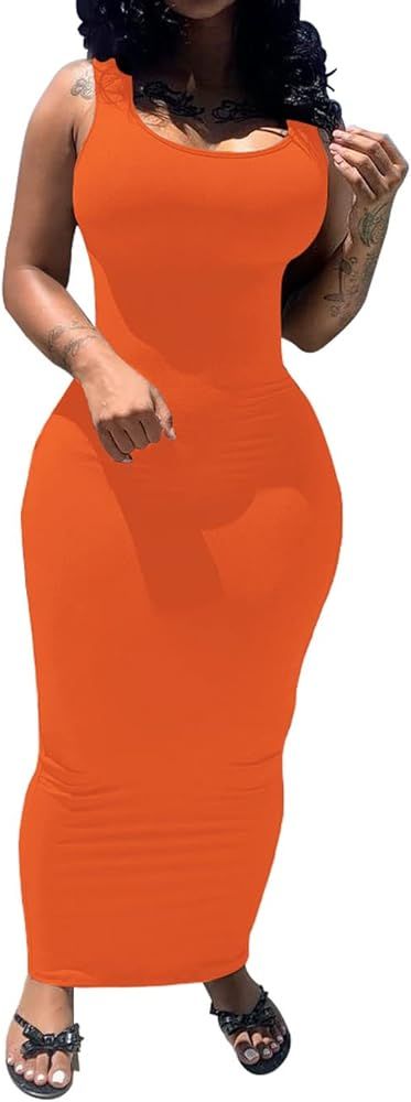 PINSV Women's Sexy Bodycon Tank Dress Basic Sleeveless Long Maxi Dresses Party Club Beach Sundres... | Amazon (US)