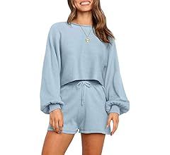 SYZRI Women's 2 Piece Knit Outfits Puff Sleeve Crop Top Shorts Set Sweater Sweatsuit, Apricot, S ... | Amazon (US)