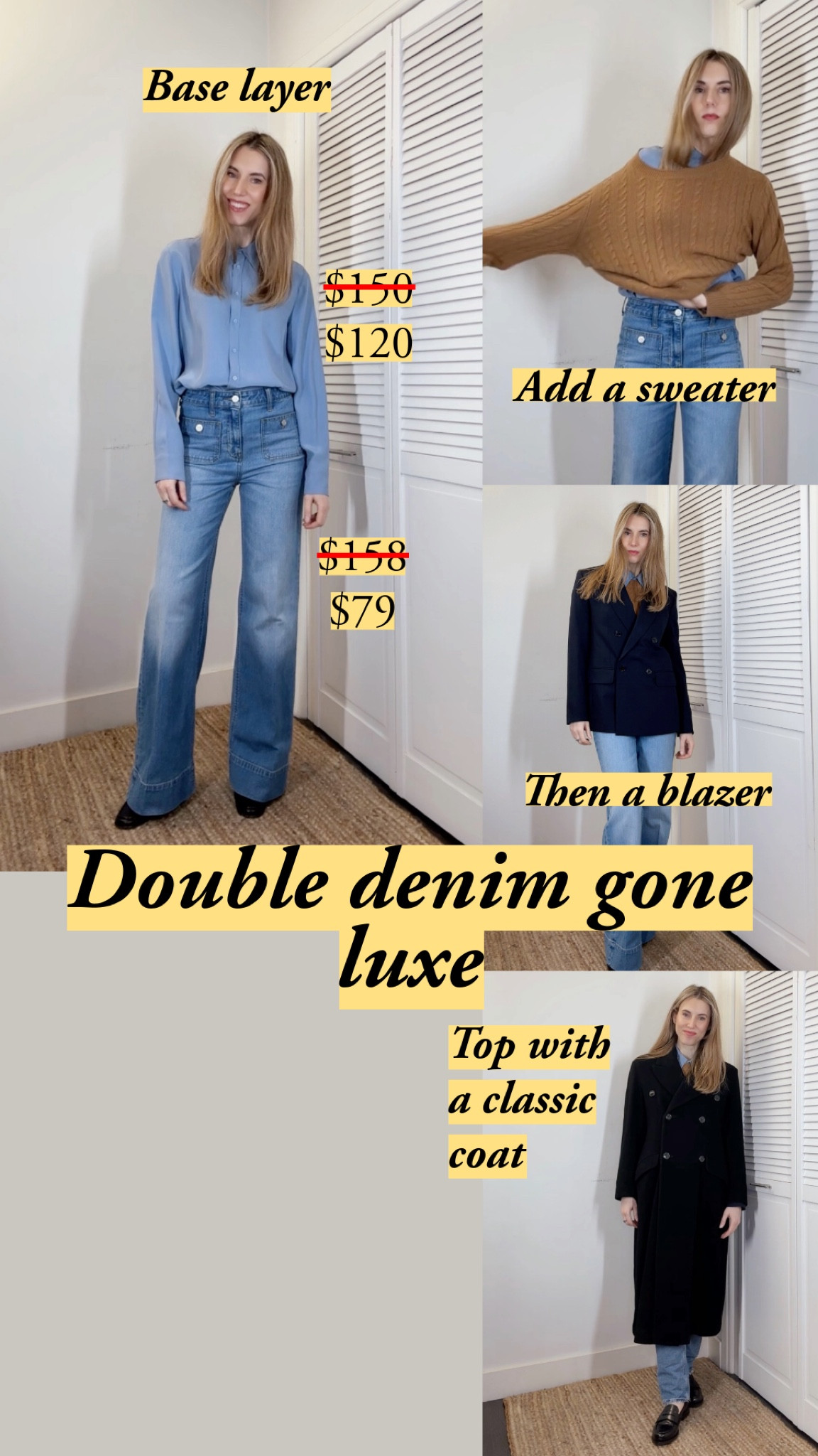 Love this take on double denim: jeans with a denim-colored silk shirt. I found a great one at Falconeri now that my Banana Republic shirt is nearly sold out. 

Add a sweater, blazer, and coat, and you’re ready for winter. 

I am wearing the Dani Beca wash in the High-rise sailor denim trouser in 1996 semi-stretch, size 25. My usual size is 26, but these were too big for me in 26.

I’m also wearing the Banana Republic perfect silk shirt, size small. I have it in this blue and the cherry jam - a gorgeous burgundy  

My size: 5’7”, usually 26 jeans, 0-4 in US sizes.




#affordableluxury #classicstyle #oldmoney

#LTKCyberWeek #LTKFindsUnder100 #LTKStyleTip #LTKHoliday