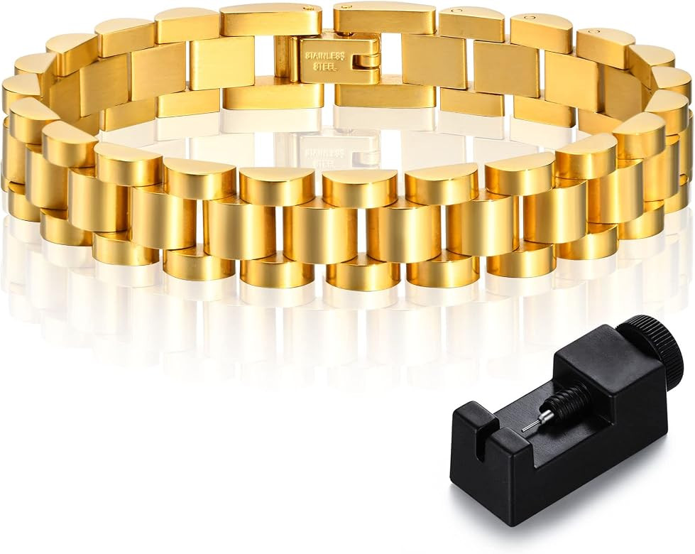 Amazon.com: Gold Thick Link Bracelet for Women - 7" Stainless Steel Watch Band Chain Wristband Je... | Amazon (US)