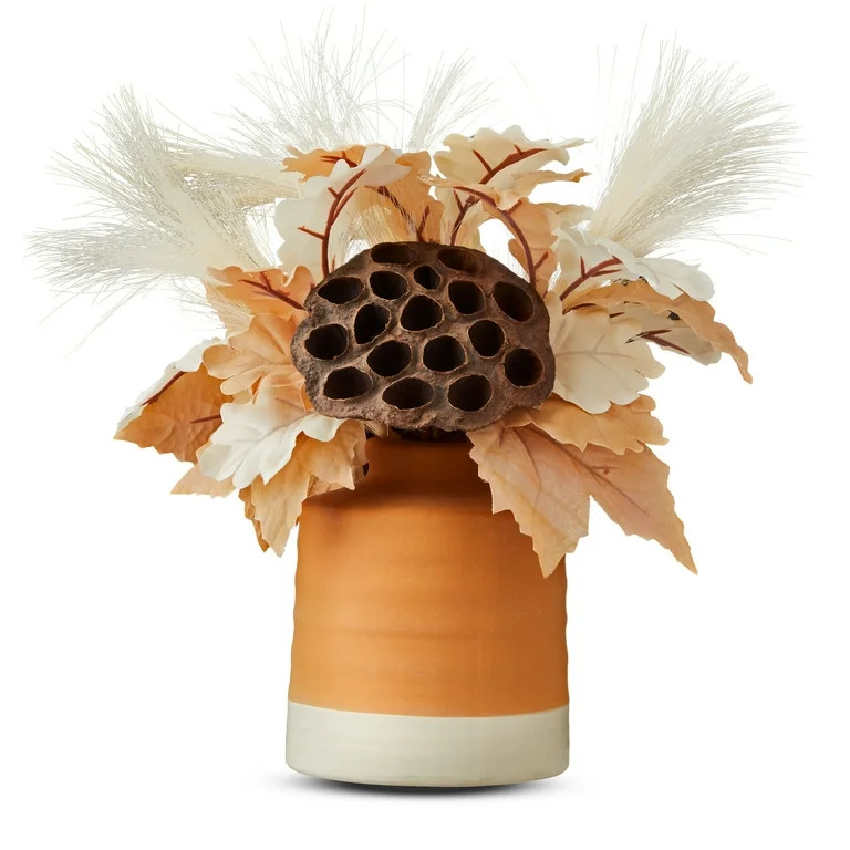 Harvest Pottery Vase with Cream & Tan Leaves Indoor Table Decor, 14", by Way To Celebrate | Walmart (US)