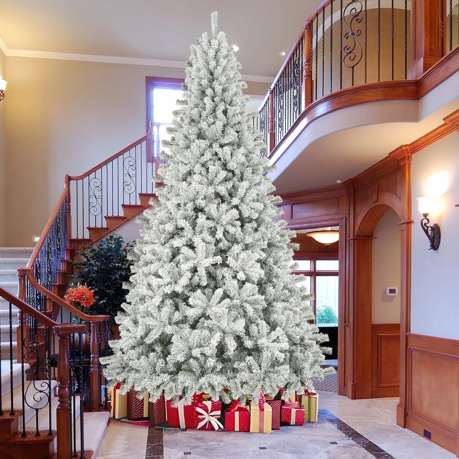 Qunler 9ft Snow Flocked Christmas Tree with 2028 Tips, Artificial Snowy Xmas Pine Tree with Reinf... | Walmart (US)