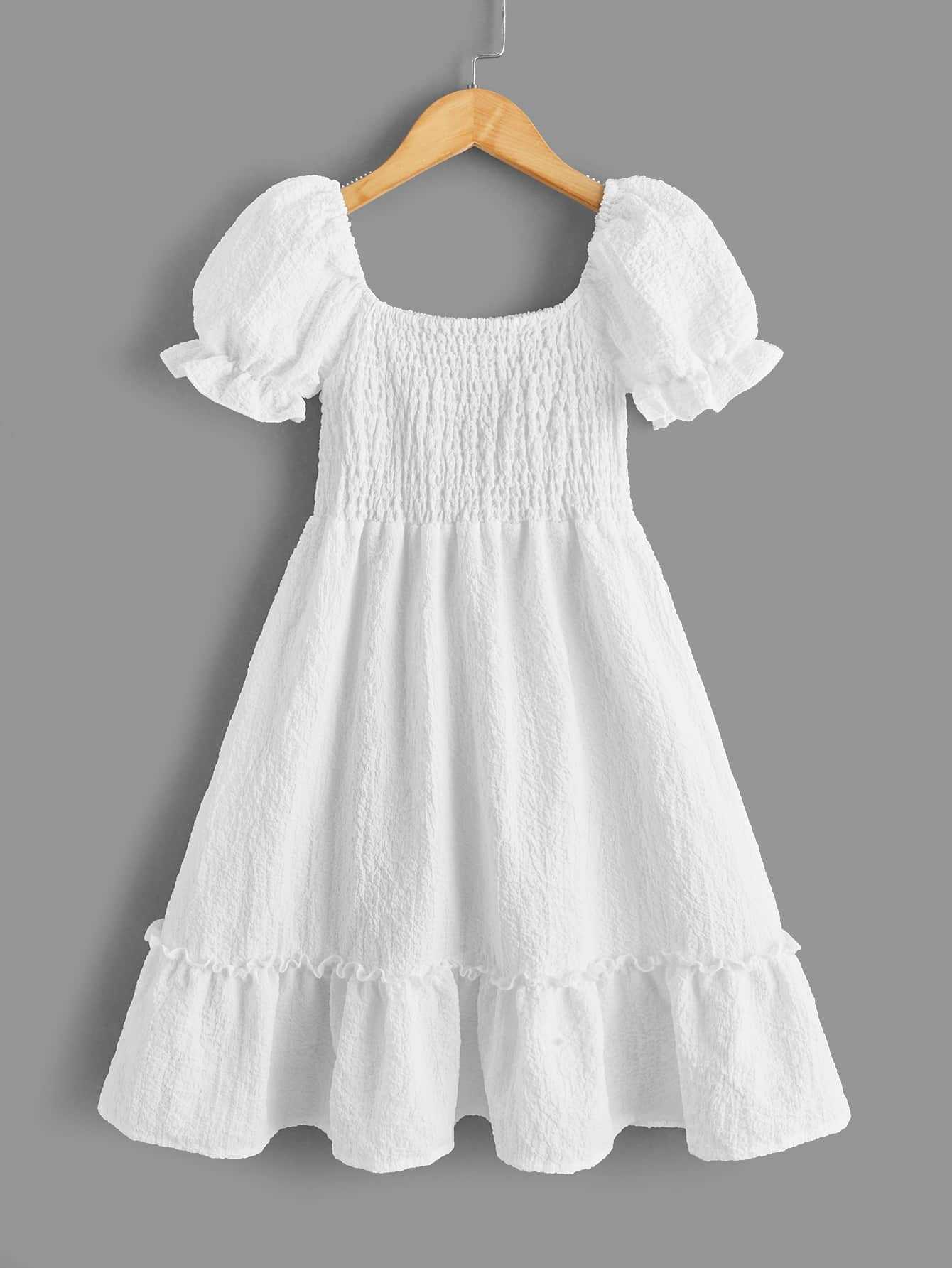 SHEIN Tween Girl Summer Casual Solid Color Puff Sleeve Dress With Front Tie And Ruffle Hem | SHEIN