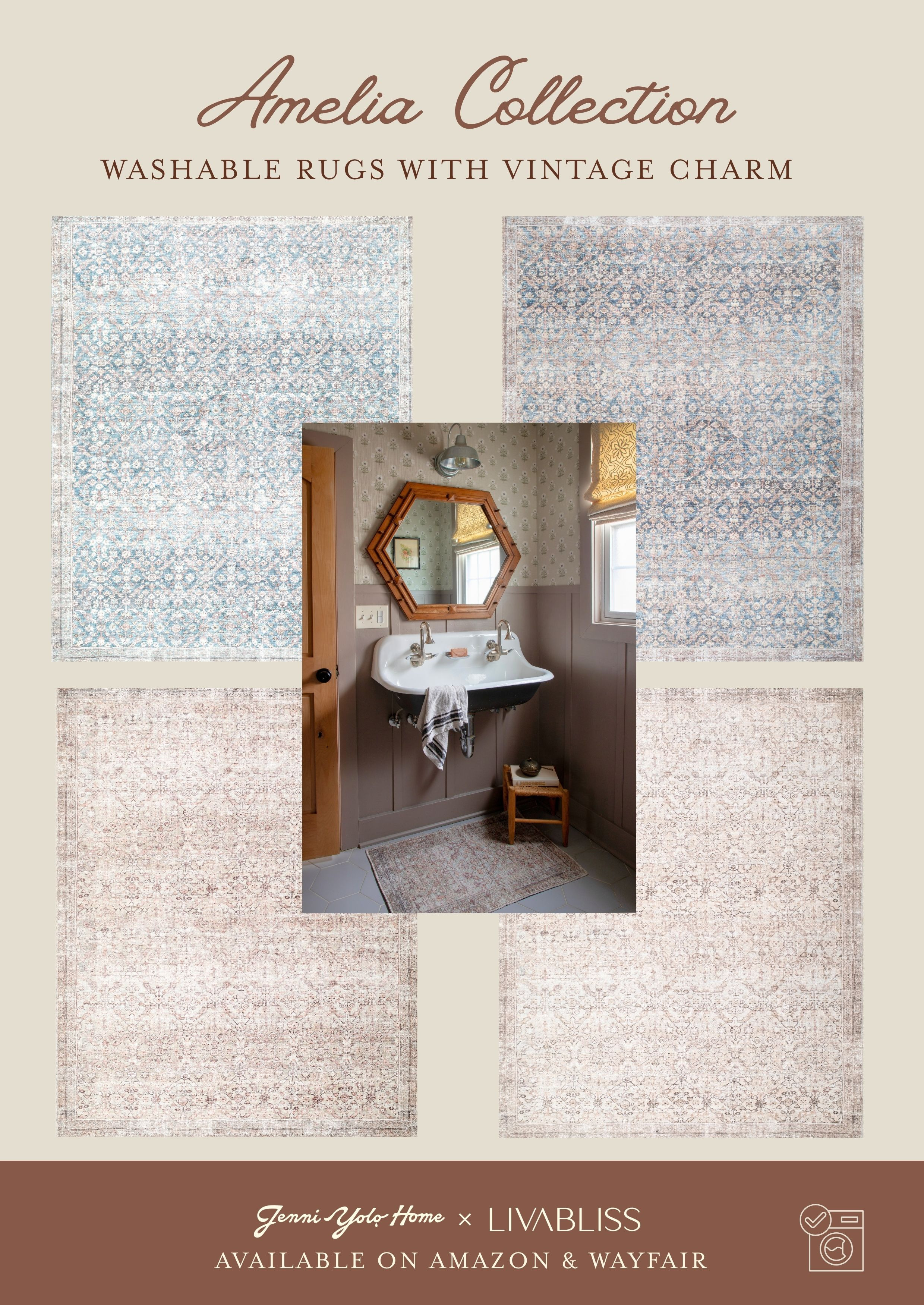 Amelia was designed for a real need in my home. I wanted a classic area rug with a vintage look, that would also survive getting walked on by dirty shoes and muddy paws… all the time. Soft, durable, and machine washable, it’s perfect for living rooms, playrooms and hallways that see a lot of foot traffic. The colors for each were chosen to set the palette for the room they live in.

#LTKHome #LTKmomlife