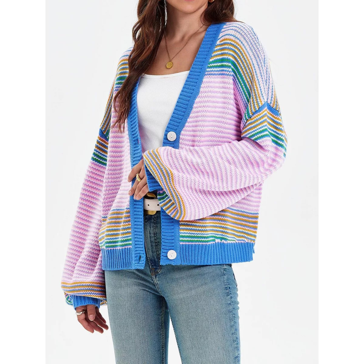 Imily Bela Womens Button Up Striped Cardigan Oversized V Neck Puff Sleeve Color Block Knit Coat B... | Target