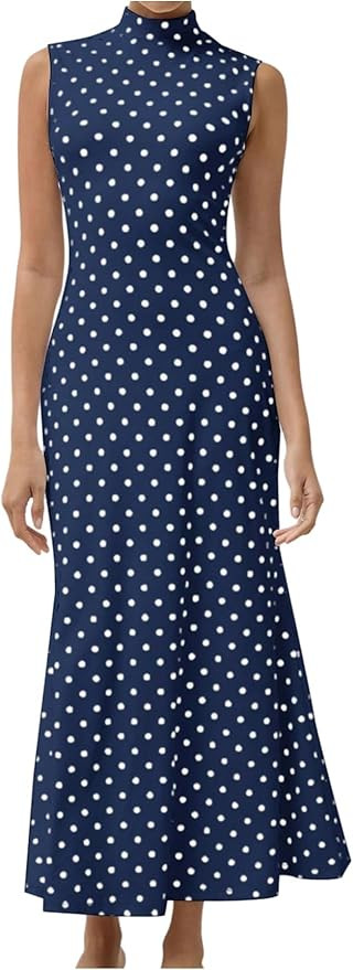 Milumia Women's Polka Dots Maxi Tank Dress Vintage Mock Neck Sleeveless Elegant Long Dresses | Amazon (US)