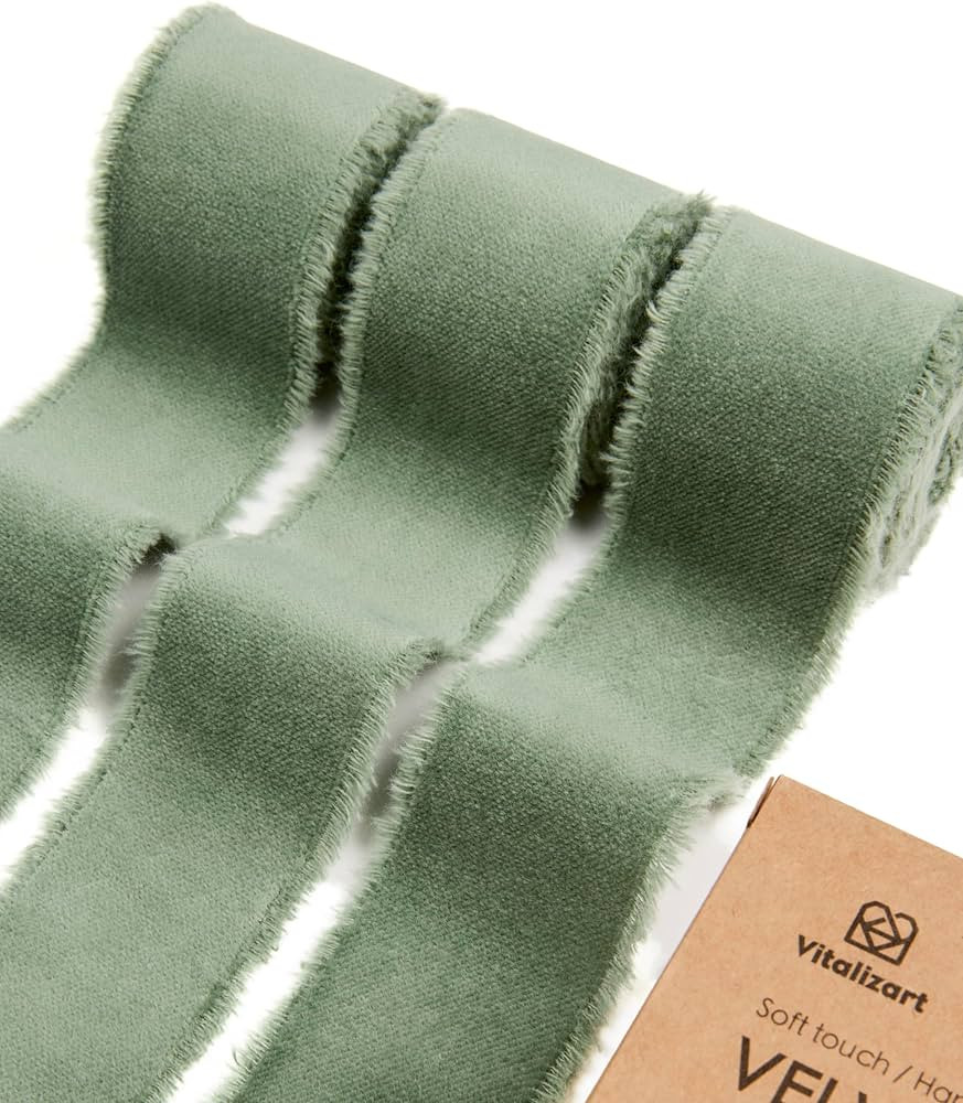 Vitalizart Sage Green Velvet Ribbon 1-1/2 Inch Handmade Frayed Fringe Fabric for Christmas Wreath... | Amazon (US)