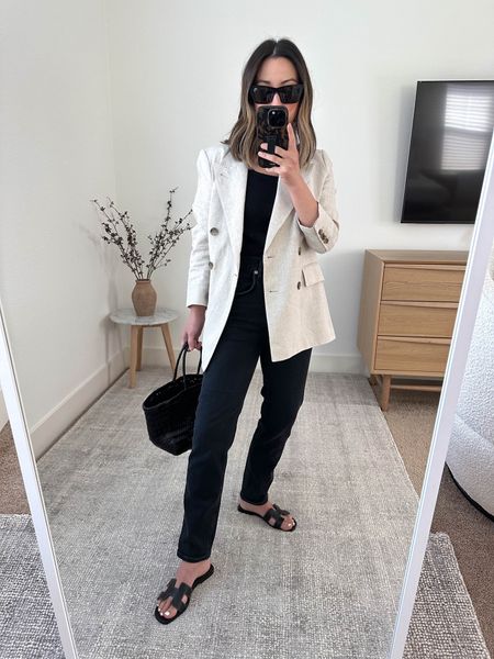 Spring neutral outfit ideas. Simple but elevated outfits. 

Banana Republic linen blazer petite 2
Reformation tank small. Need the xs 
AGOLDE Riley jeans 24
Hermes Oran sandals 35
Dragon Diffusion tote small 
YSL sunglasses 

#LTKshoecrush #LTKSeasonal #LTKitbag