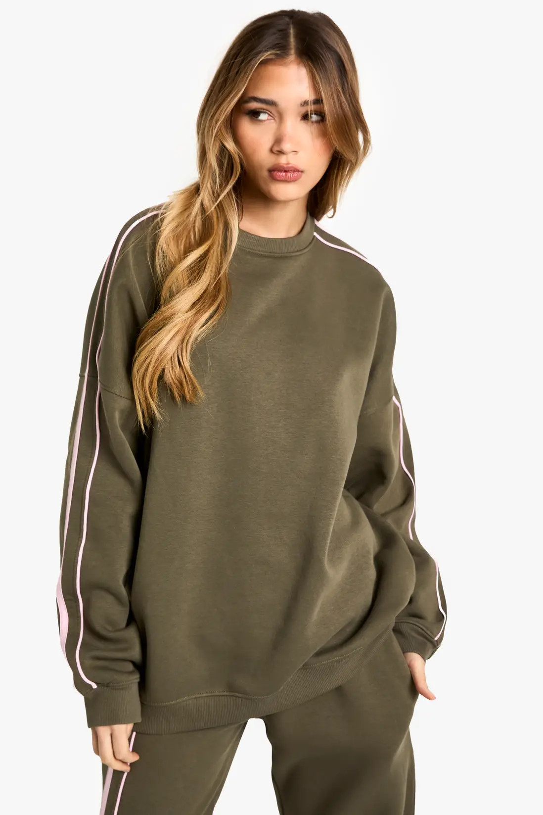Olive Double Side Striped Oversized Sweatshirt | Boohoo | Boohoo.com (UK & IE)