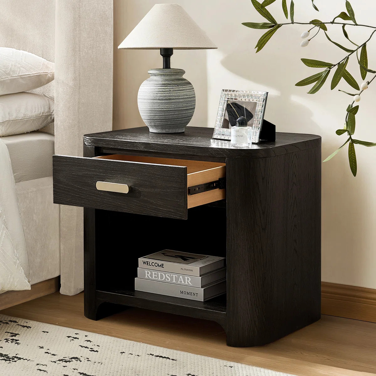 Waynesville Modern 28"W 1 Drawer Fully Assembled Oak Wood Nightstand with Built-In Powerstation a... | Wayfair North America