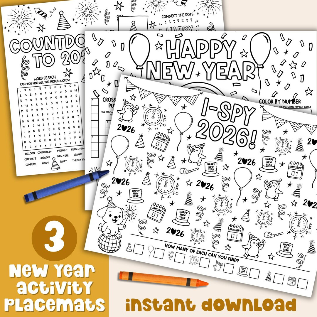New Years Activity Placemat Coloring Sheet Quiet Activity for Kids Happy New Year Printable Cross... | Etsy (US)
