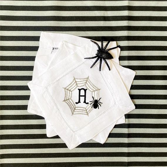 Set of 4 Monogrammed Spooky Halloween Spider Cloth Linen Cocktail Napkins - Fall - Halloween - Bl... | Etsy (US)