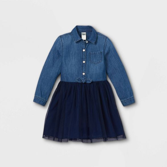 OshKosh B'gosh Toddler Girls' Chambray Tulle Long Sleeve Dress - Navy | Target