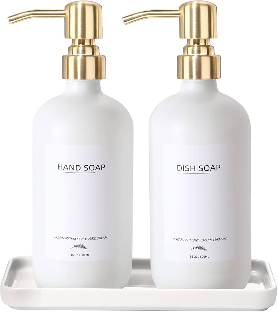 Glass Dish Soap Dispenser with Ceramic Tray and Stainless Steel Pump, Kitchen Soap Dispenser Set ... | Amazon (US)