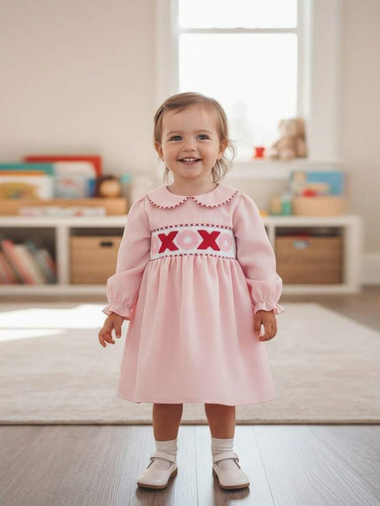 Local-35%Toddler Girl Valentines Day Outfit Letter Embroidery Long Sleeve Peter Pan Collar Smocked Dress Kids Spring Clothes | SHEIN
